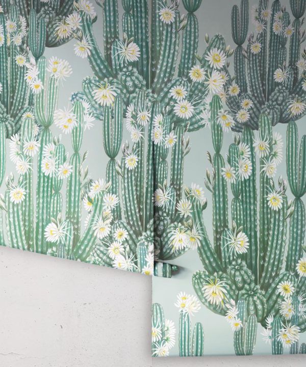 San Pedro Wallpaper Aqua • Cactus Wallpaper • Succulents Wallpaper • Desert Wallpaper Rolls