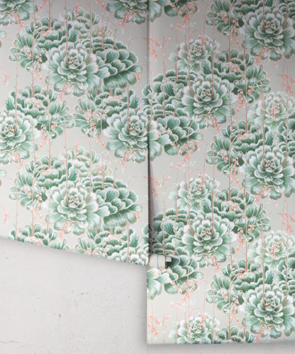 Succulents Wallpaper Green Beige • Cactus Wallpaper • Desert Wallpaper rolls on grey background