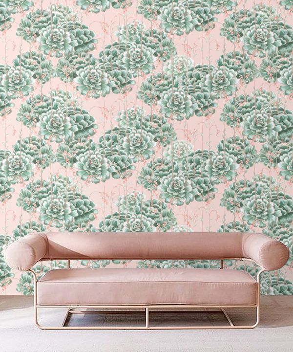 Succulents Wallpaper Green Pink • Cactus Wallpaper • Desert Wallpaper Insitu on pink background behind pink sofa