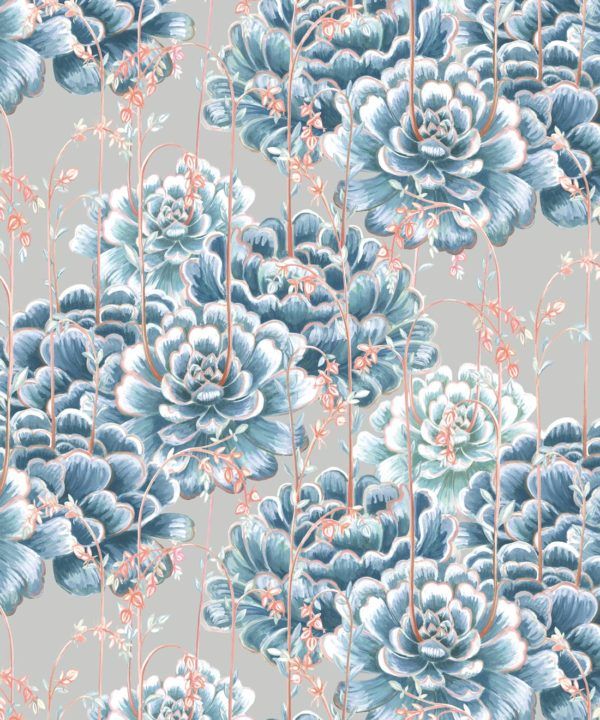 Succulents Wallpaper Steel Blue • Cactus Wallpaper • Desert Wallpaper Swatch on grey background