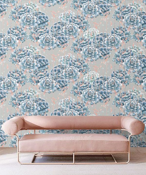 Succulents Wallpaper Steel Blue • Cactus Wallpaper • Desert Wallpaper Insitu on grey background behind pink sofa