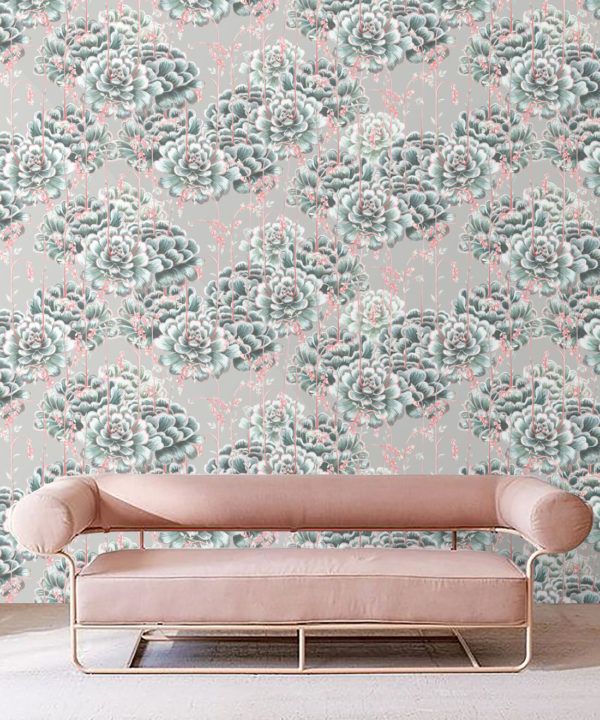 Succulents Wallpaper Sage • Cactus Wallpaper • Desert Wallpaper insitu on grey background behind pink sofa