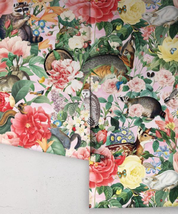Bush Bouquet Spring Wallpaper • Coral Colored Wallpaper • Assorted Color and Multi-color wallpaper • Floral Wallpaper • Wallpaper With Forest Animals • Rolls