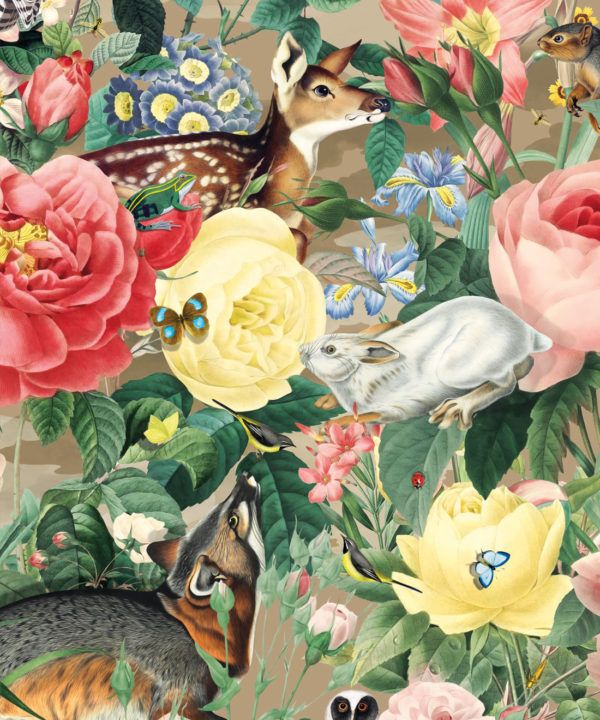 Bush Bouquet Spring Wallpaper • Brown Oak Colored Wallpaper • Assorted Color and Multi-color wallpaper • Floral Wallpaper • Wallpaper With Forest Animals • Swatch
