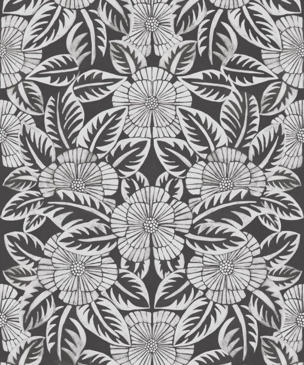 Calcutta Wallpaper • Flower and Leaf Motif Design • Ethnic Wallpaper • Charcoal Wallpaper • Swatch