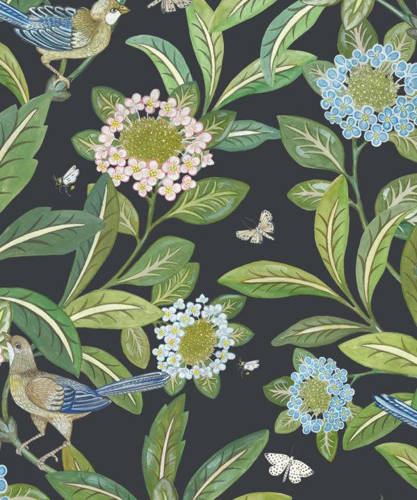 Summer Garden Wallpaper • Charcoal Wallpaper • Floral Wallpaper Swatch