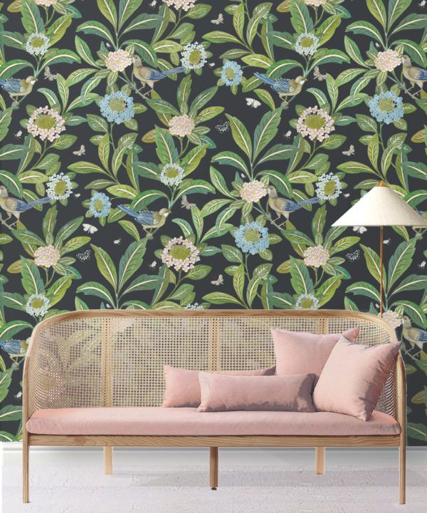 Summer Garden Wallpaper • Charcoal Wallpaper • Floral Wallpaper Insitu