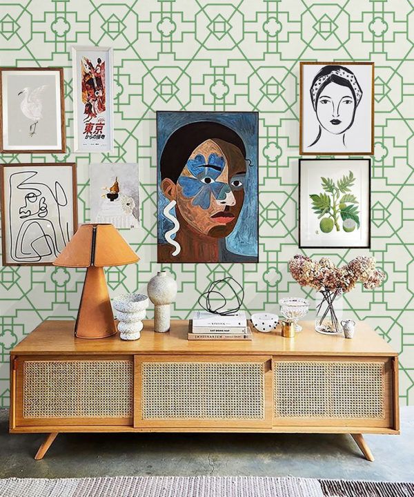 Trellis Wallpaper • Geometric Wallpaper • Ivory Wallpaper • Insitu behind light wood cabinet