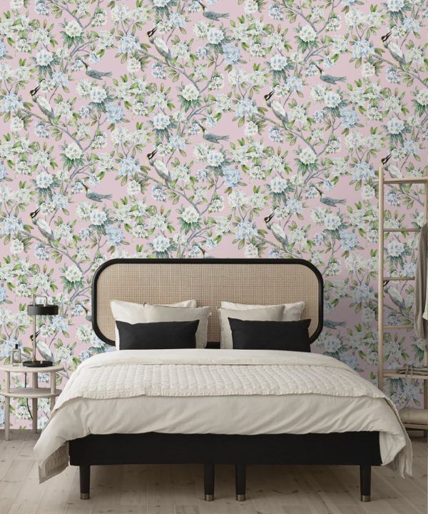 Victoria Wallpaper • Floral Wallpaper • Pink Wallpaper • Insitu behind bed