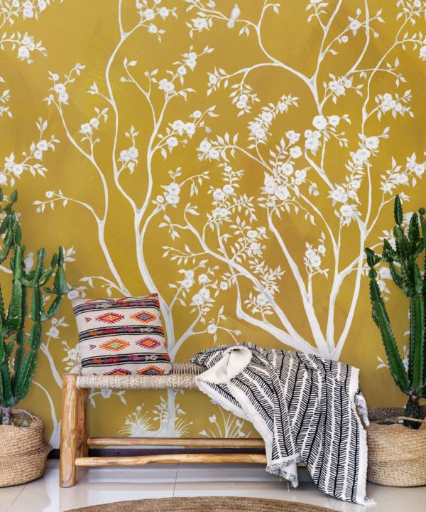 Blooming Joy • Chinoiserie Wallpaper by Danica Andler • Mustard Insitu