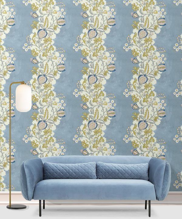 Pomegranate Wallpaper • French Blue • Insitu with blue sofa