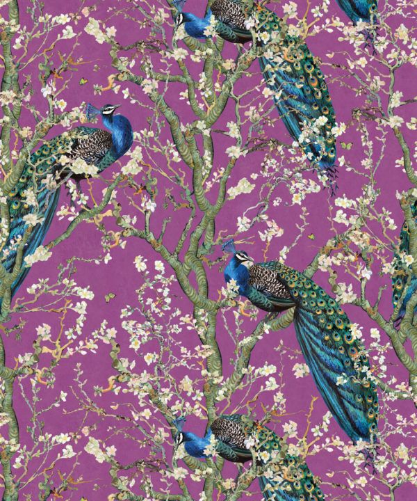 Almond Blossom Wallpaper • Chinoiserie Wallpaper • Wallpaper with Peacocks • Purple Eggplant Wallpaper • Swatch