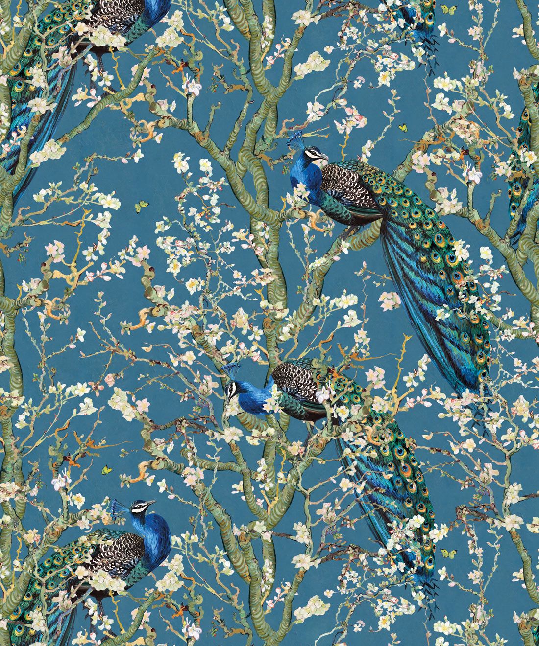 Almond Blossom Wallpaper • Chinoiserie Wallpaper • Wallpaper with Peacocks • Royal Blue Wallpaper • Swatch