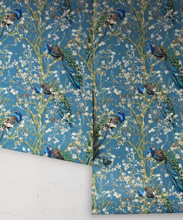 Almond Blossom Wallpaper • Chinoiserie Wallpaper • Wallpaper with Peacocks • Royal Blue Wallpaper • Rolls