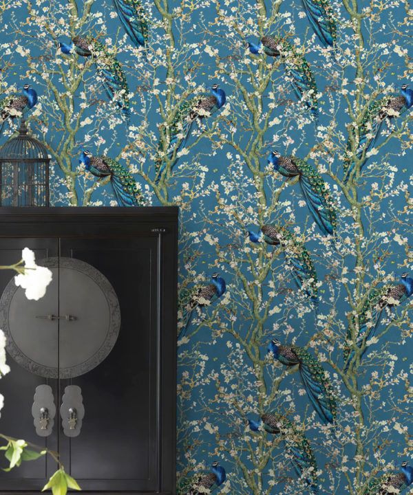 Almond Blossom Wallpaper • Chinoiserie Wallpaper • Wallpaper with Peacocks • Royal Blue Wallpaper • Insitu