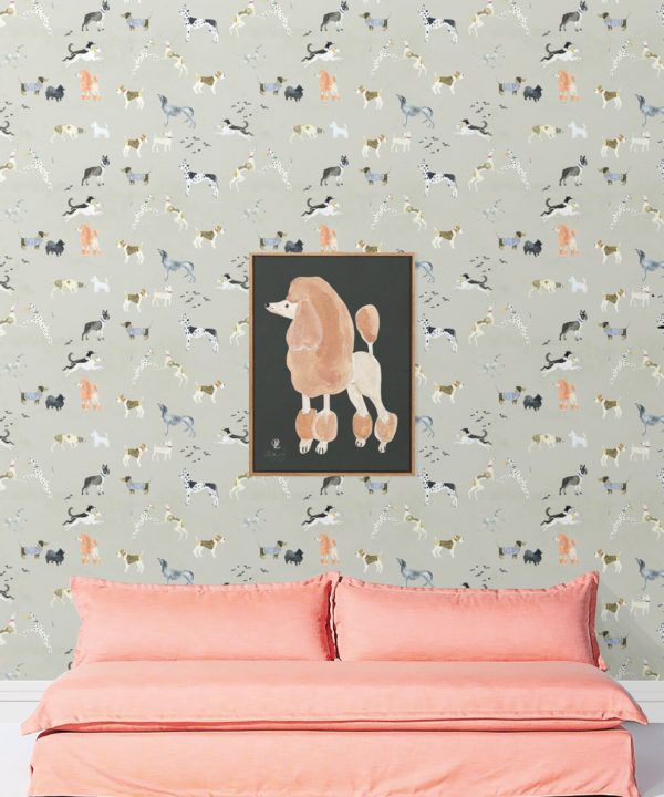 Doggies Wallpaper • Dog Wallpaper • Beige • insitu with pink sofa