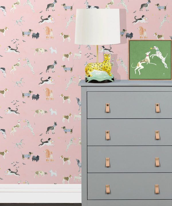 Doggies Wallpaper • Dog Wallpaper • Pink • insitu with grey dresser