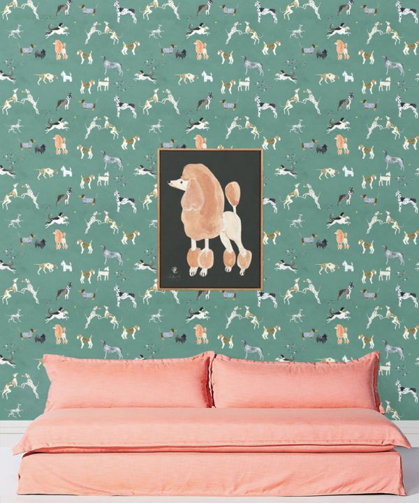 Doggies Wallpaper • Dog Wallpaper • Turquoise • insitu with pink sofa