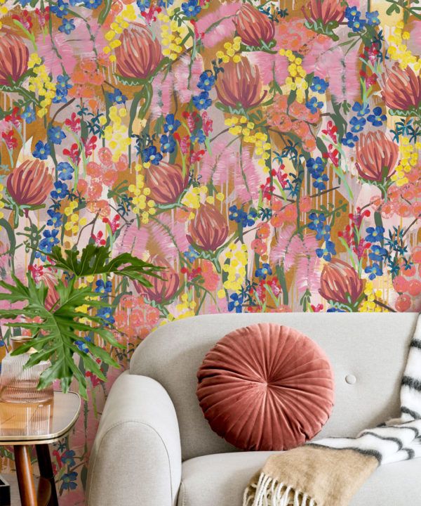 Acacia Wallpaper • Colourful Floral Wallpaper • Tiff Manuell • Abstract Expressionist Wallpaper • Close up Insitu