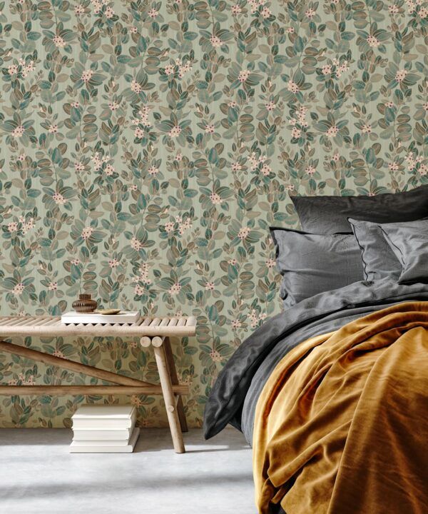 Eucalyptus Wallpaper • Eloise Short • Vintage Floral Wallpaper • Granny Chic Wallpaper • Grandmillennial Style Wallpaper • Pale Green • Insitu