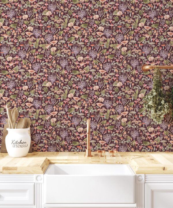 Fungi Wallpaper • Eloise Short • Vintage Floral Wallpaper • Granny Chic Wallpaper • Grandmillennial Style Wallpaper • Wine • Insitu