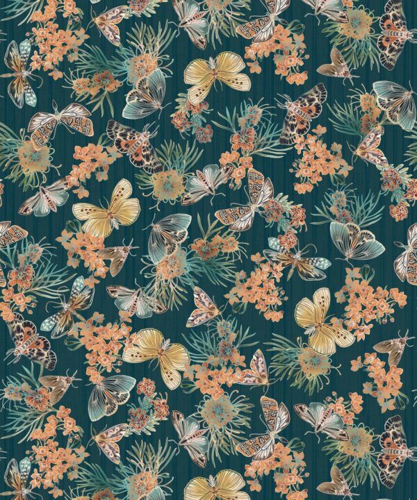 Moth Wallpaper • Eloise Short • Vintage Floral Wallpaper • Granny Chic Wallpaper • Grandmillennial Style Wallpaper • Deep Ocean • Swatch