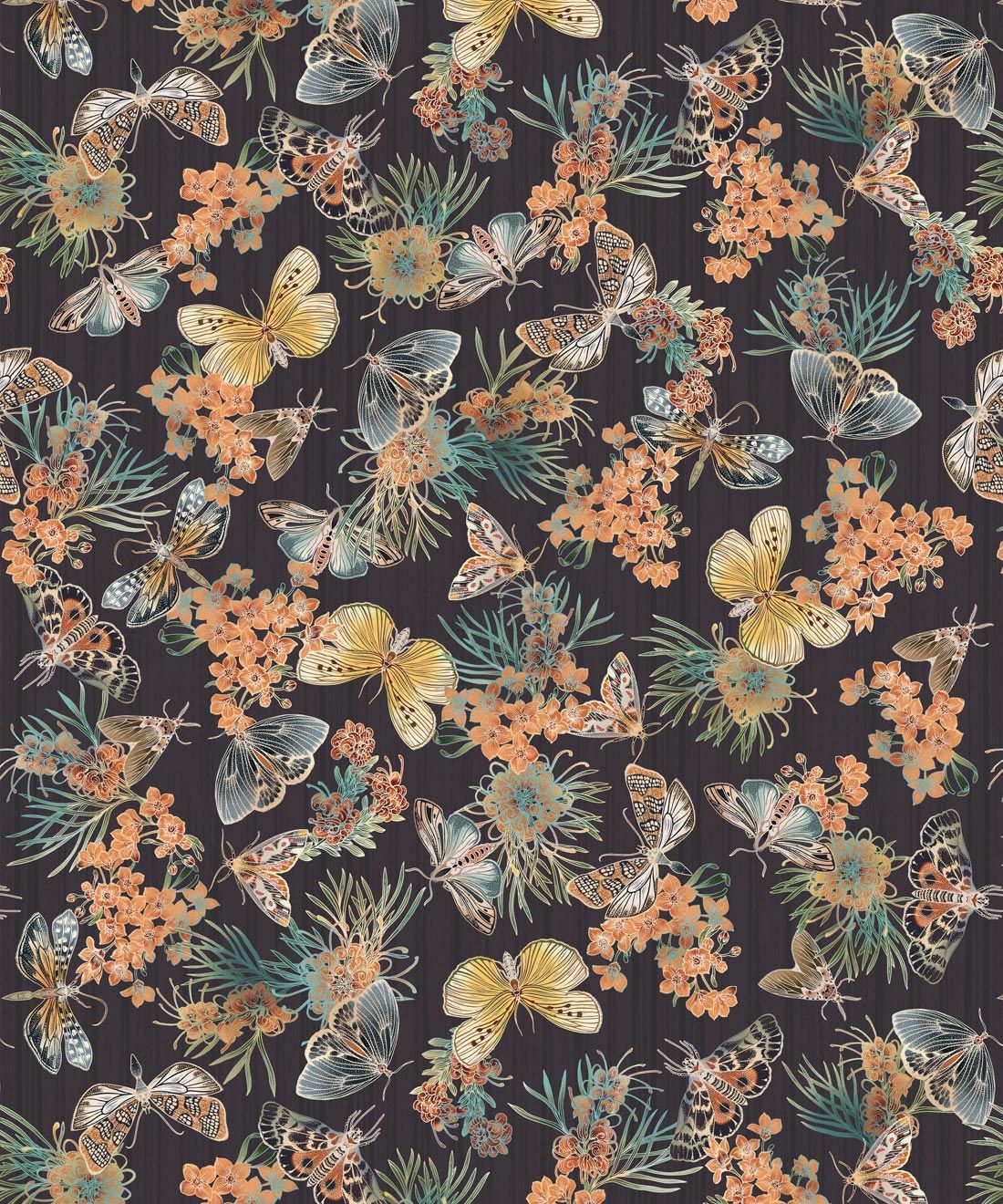 Moth Wallpaper • Eloise Short • Vintage Floral Wallpaper • Granny Chic Wallpaper • Grandmillennial Style Wallpaper • Night • Swatch