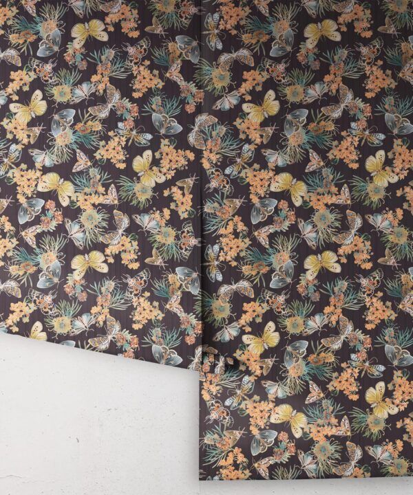 Moth Wallpaper • Eloise Short • Vintage Floral Wallpaper • Granny Chic Wallpaper • Grandmillennial Style Wallpaper • Night • Rolls