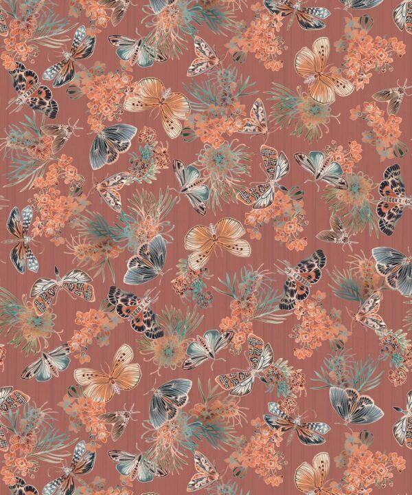 Moth Wallpaper • Eloise Short • Vintage Floral Wallpaper • Granny Chic Wallpaper • Grandmillennial Style Wallpaper • Rosewood • Swatch