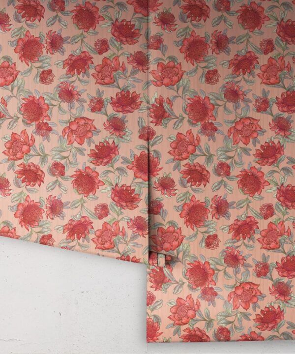 Waratah Wallpaper • Eloise Short • Vintage Floral Wallpaper • Granny Chic Wallpaper • Grandmillennial Style Wallpaper • Blush • Rolls