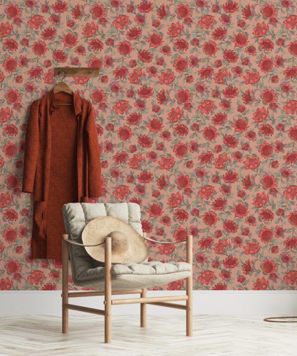 Waratah Wallpaper • Eloise Short • Vintage Floral Wallpaper • Granny Chic Wallpaper • Grandmillennial Style Wallpaper • Blush • Insitu
