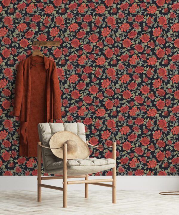 Waratah Wallpaper • Eloise Short • Vintage Floral Wallpaper • Granny Chic Wallpaper • Grandmillennial Style Wallpaper • Slate • Insitu