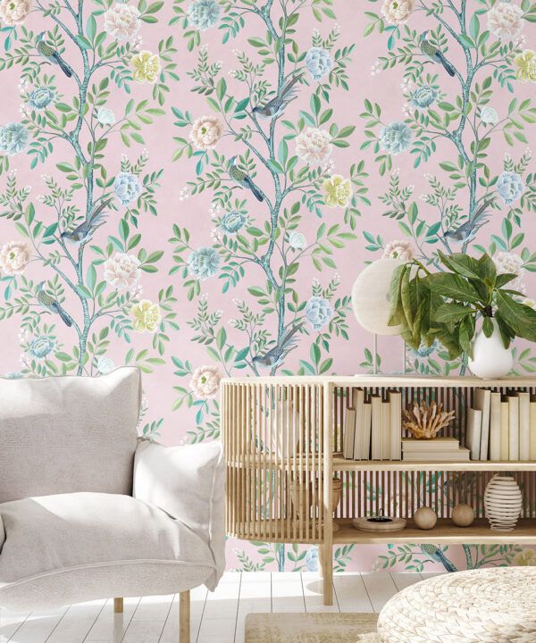 Chinoiserie Wallpaper • Floral Wallpaper • Bird Wallpaper • Magnolia • Blush • Insitu