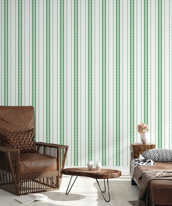 Coquille Wallpaper • Stripe and Scallop Wallpaper • Forest Green • Insitu