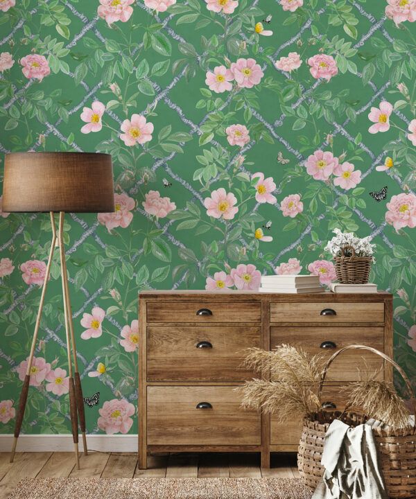 Treilage Wallpaper • Floral Wallpaper • Forest Green • Insitu