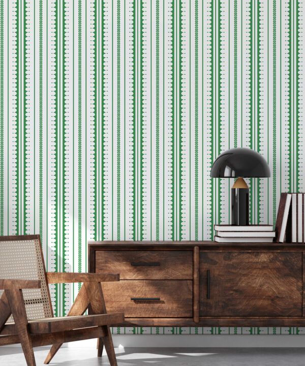 La Grand Coquille • Stripe and Scallop Wallpaper • Forest Green • Insitu