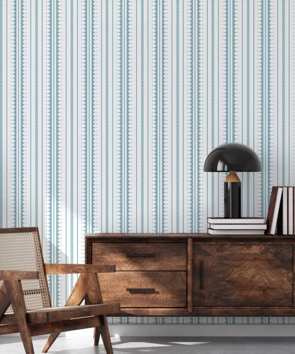 La Grand Coquille • Stripe and Scallop Wallpaper • Powder Blue • Insitu