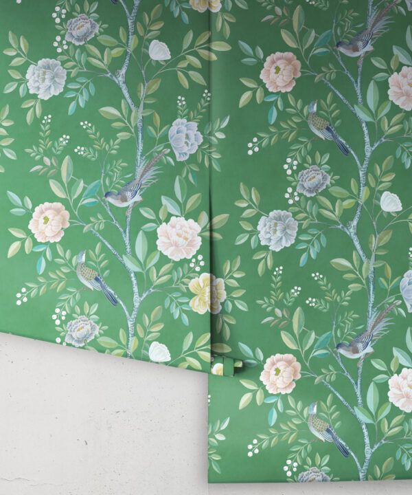 Chinoiserie Wallpaper • Floral Wallpaper • Bird Wallpaper • Magnolia • Forest Green • Rolls