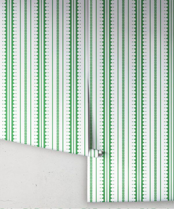 La Grand Coquille • Stripe and Scallop Wallpaper • Forest Green • Rolls