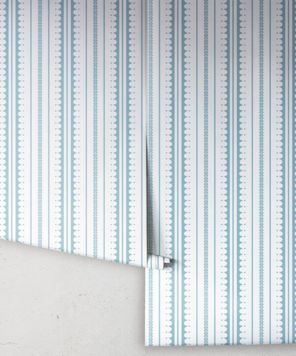 La Grand Coquille • Stripe and Scallop Wallpaper • Powder Blue • Rolls