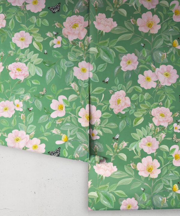 Rosa Wallpaper • Floral Wallpaper •Forest Green • Rolls