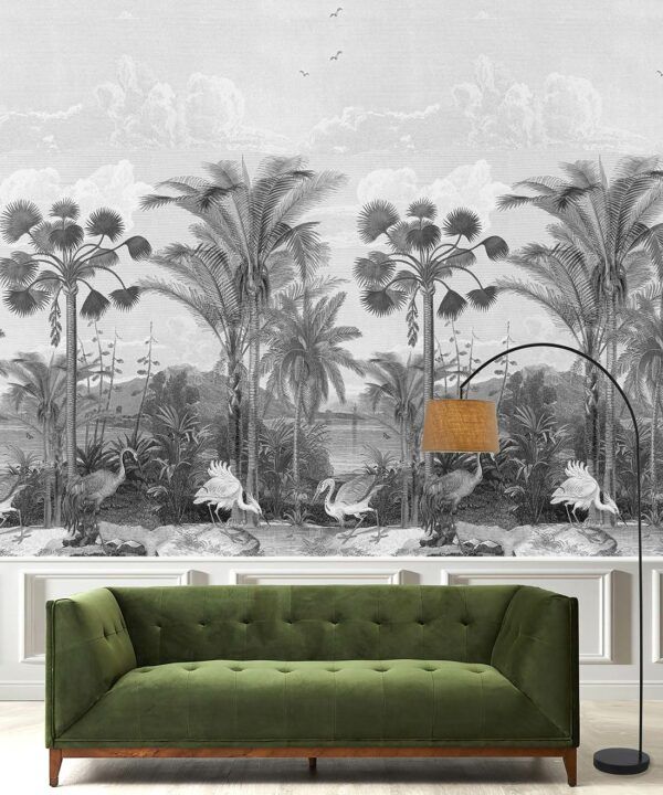 South Asian Subcontinent Wallpaper Mural •Bethany Linz • Palm Tree Mural • Black & White • Insitu