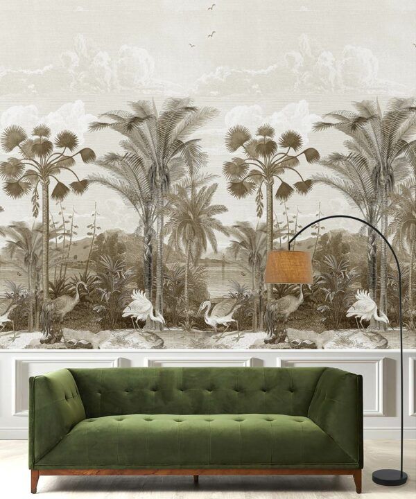 South Asian Subcontinent Wallpaper Mural •Bethany Linz • Palm Tree Mural • Sepia • Insitu
