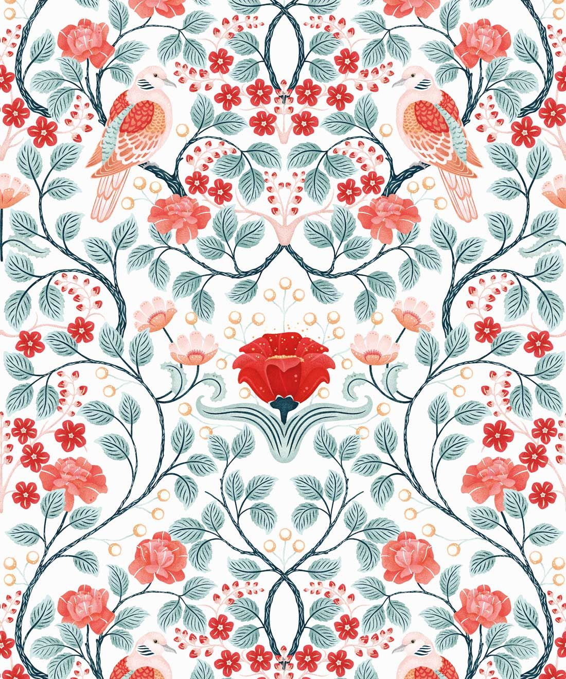 Turtle Doves Wallpaper • Bold Colorful Bird Wallpaper • Peppermint • Swatch