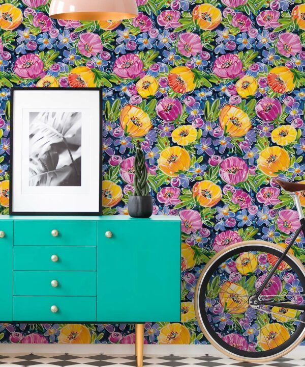 Peony Poppies Wallpaper • Colorful Floral Wallpaper • Insitu
