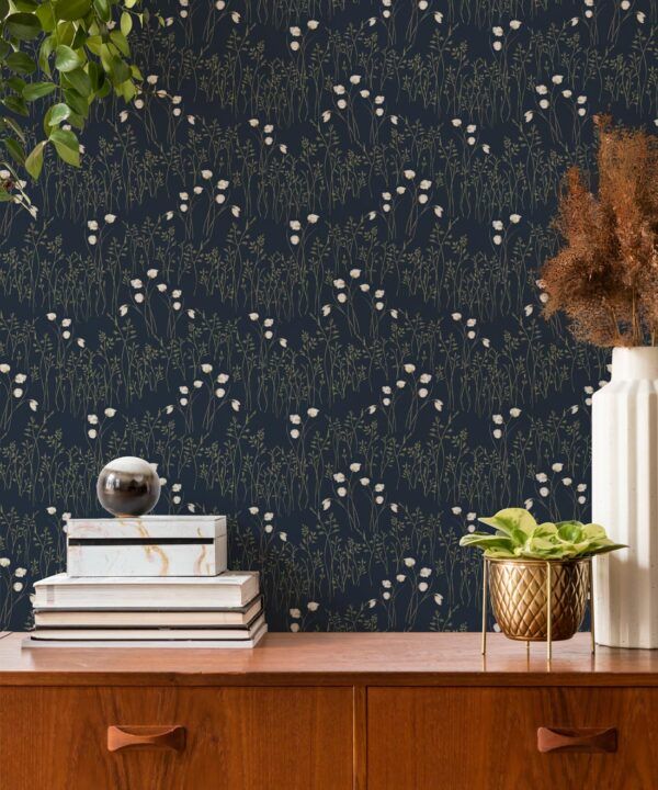 Cotton Grass Wallpaper • Hackney & Co. • Indian Blue • Insitu