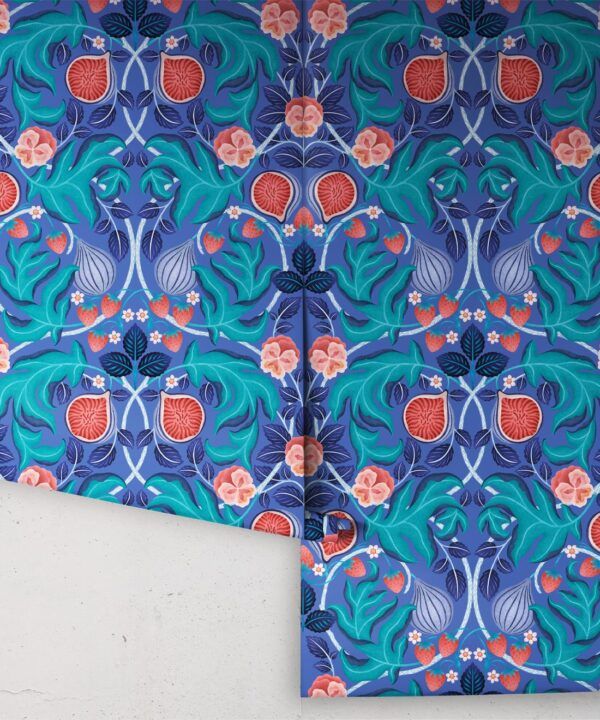 Figs & Strawberries Wallpaper • Botanical Fruit Wallpaper • Medium Blue • Roll