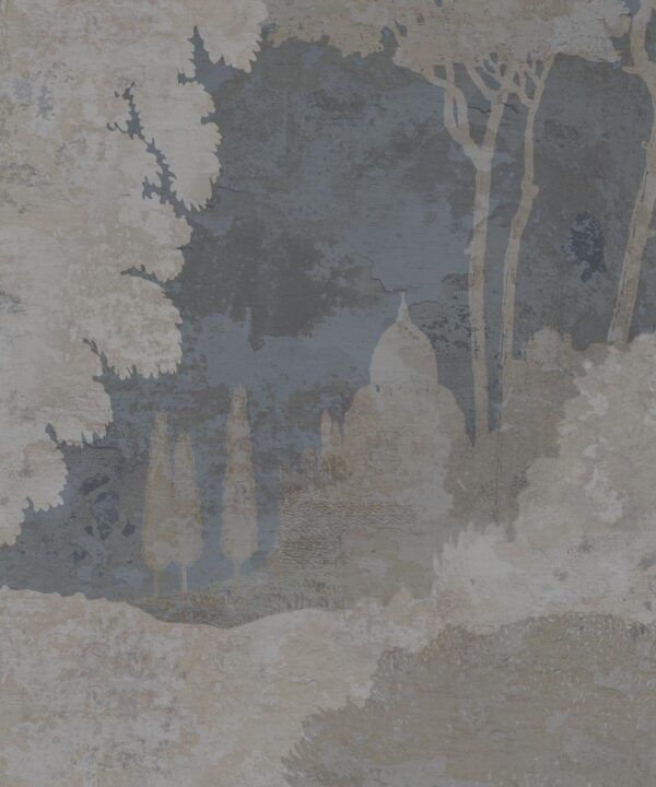 Tuscan Landscape Mural • Italian Wallpaper • Tree Wallpaper • Silhouette Wallpaper • Blue • Swatch