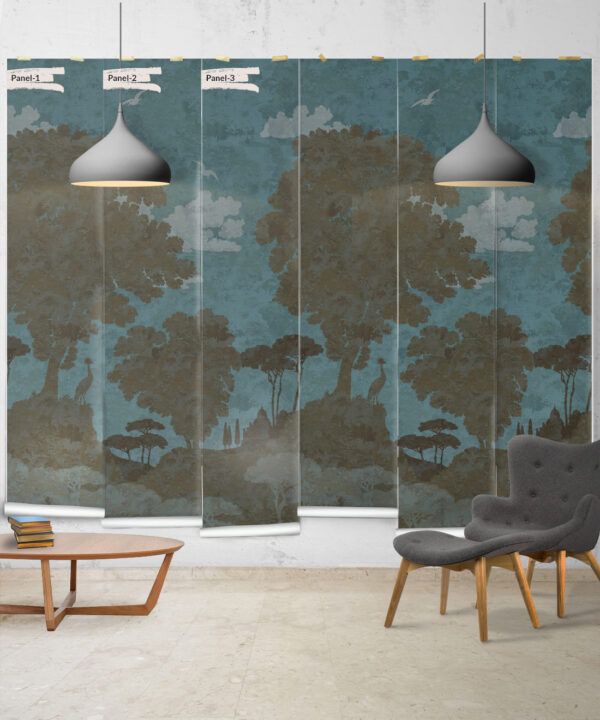 Tuscan Landscape Mural • Italian Wallpaper • Tree Wallpaper • Silhouette Wallpaper • Caramel • Panels