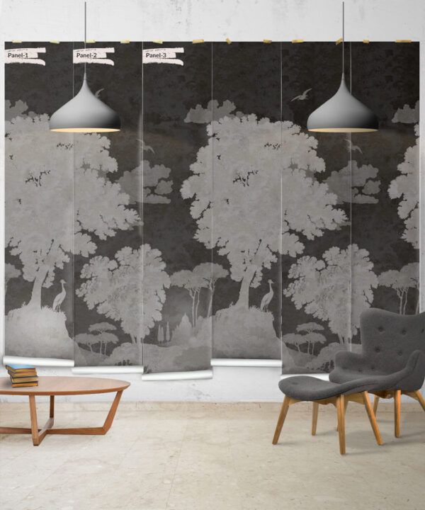 Tuscan Landscape Mural • Italian Wallpaper • Tree Wallpaper • Silhouette Wallpaper • Charcoal • Panels